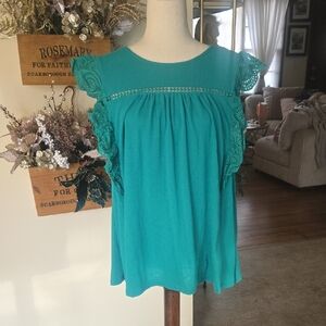 BiBi Turquoise Lace Accent Blouse